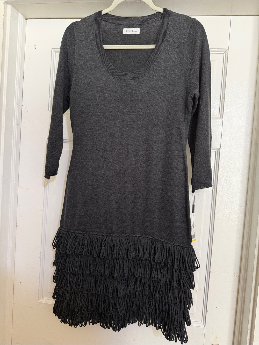 Calvin Klein Sweater Dress, size M Gray Fringe Hem Scoop Neck 3/4 Sleeve. NWT
